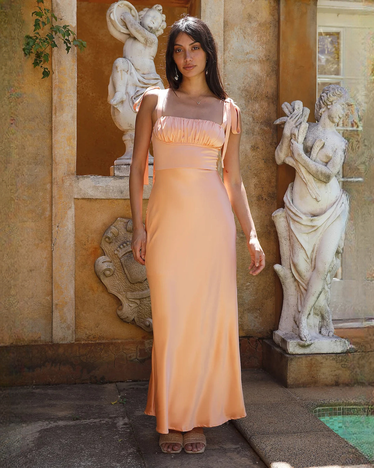 sleeveless satin a-line maxi bridesmaid dress - image 5