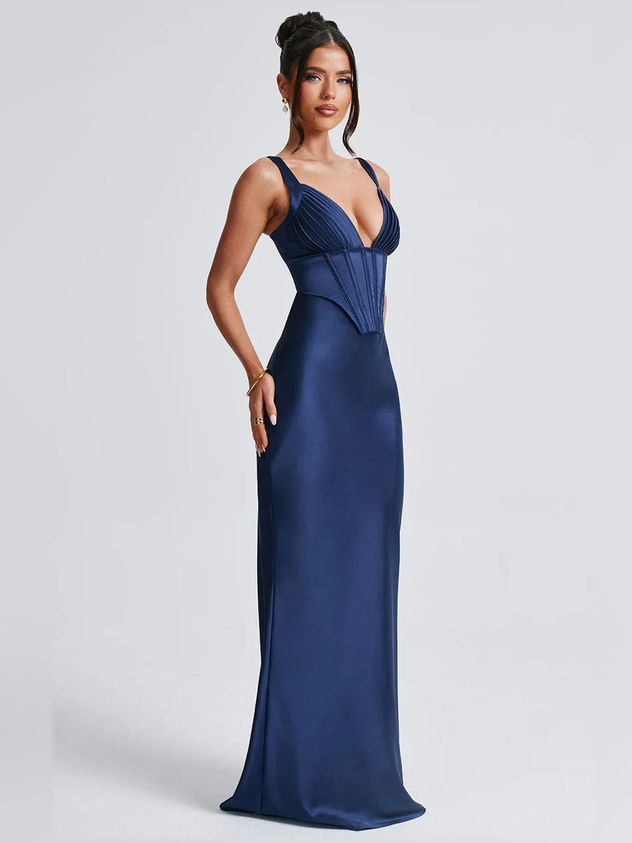 Black mermaid floor-length formal dress with draping, alternate view showing the skirt