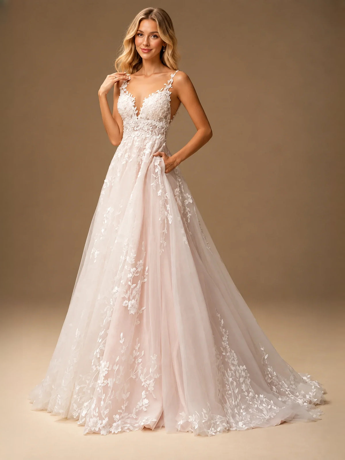 Ivory floor-length wedding dress, alternate view showing the skirt and hem