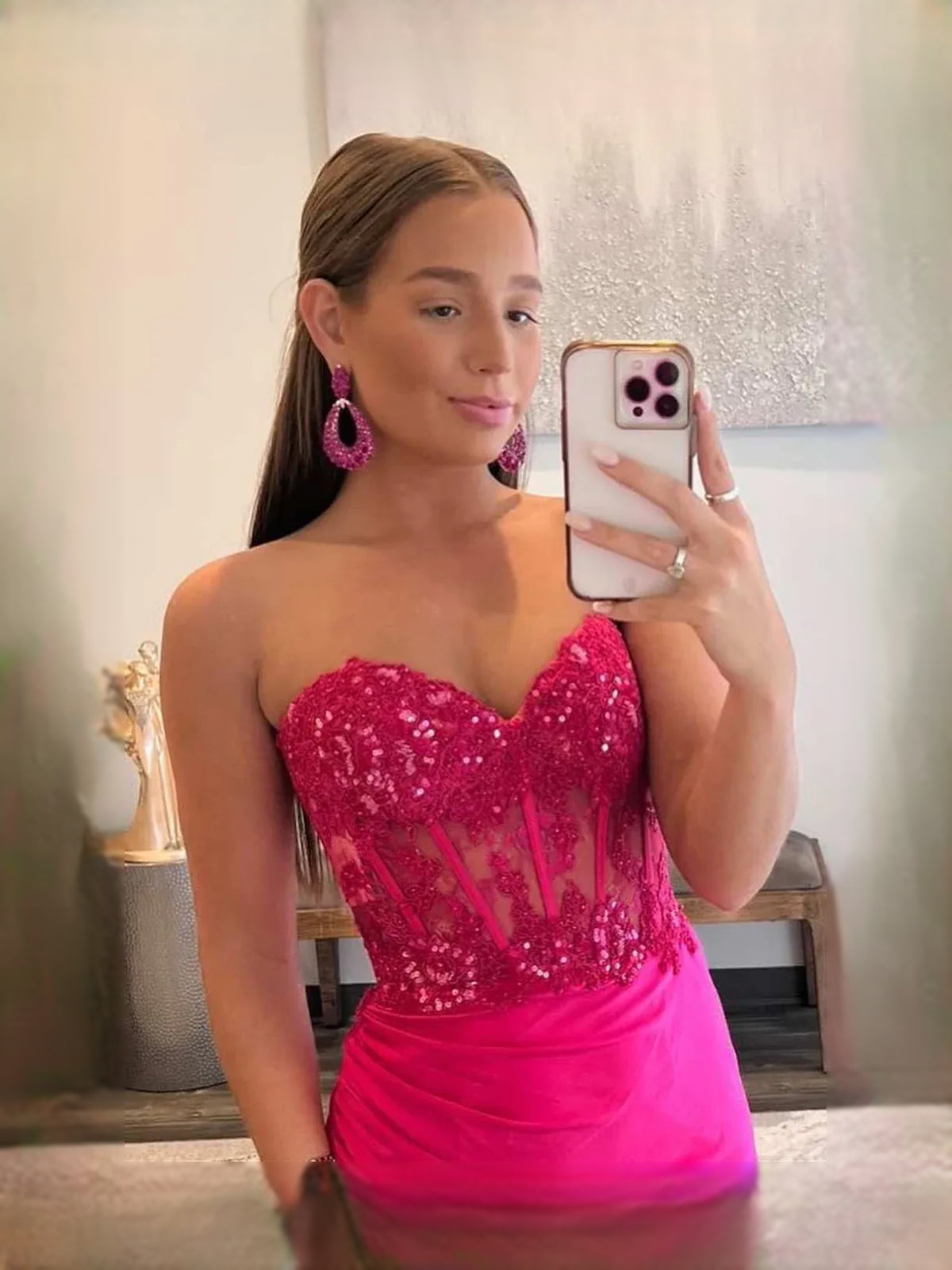 Hot Pink floor-length prom dress, alternate view showing the skirt and hem