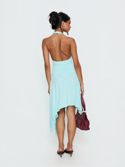 Turquoise midi formal dress with halter neckline, alternate view showing the skirt
