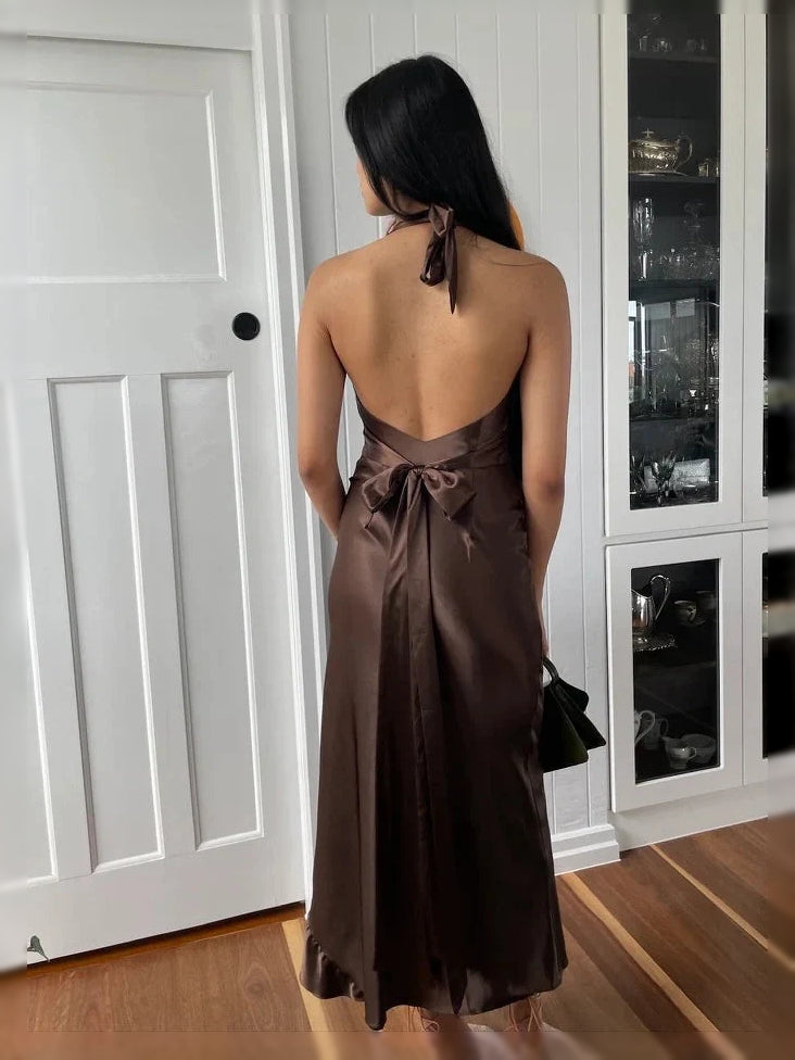 Taupe floor-length bridesmaid dress, alternate view showing the skirt and hem