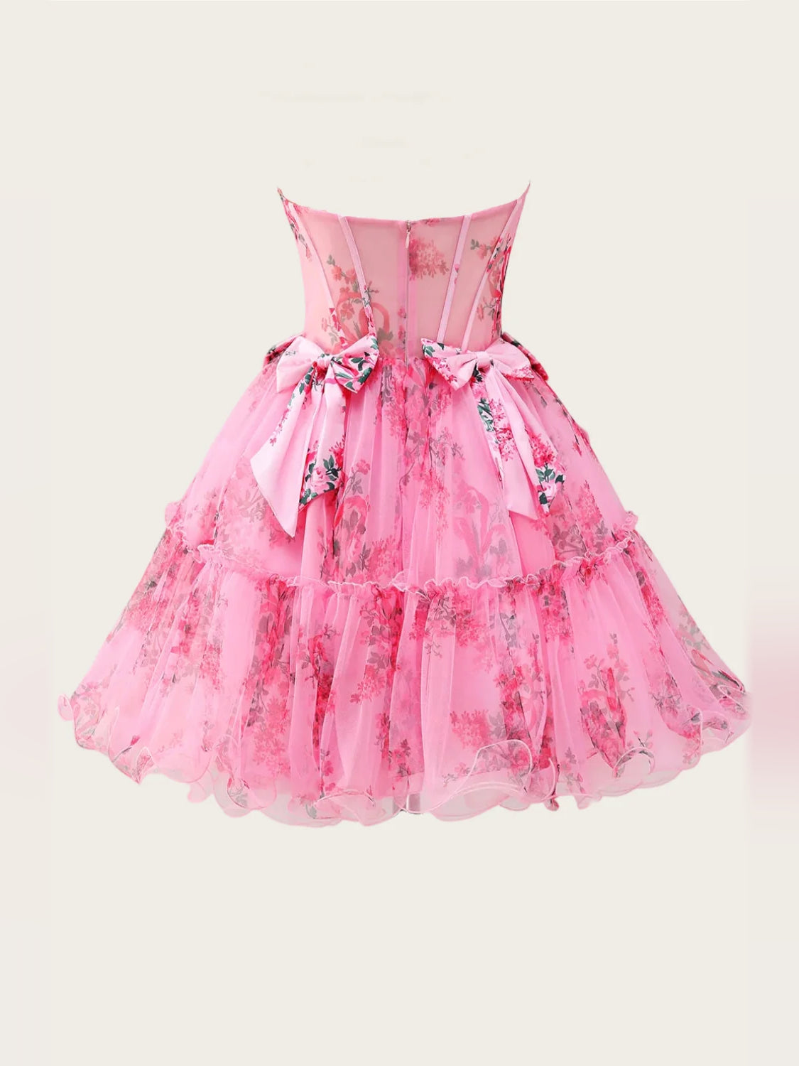 Floral mini homecoming dress, alternate view showing the skirt and hem