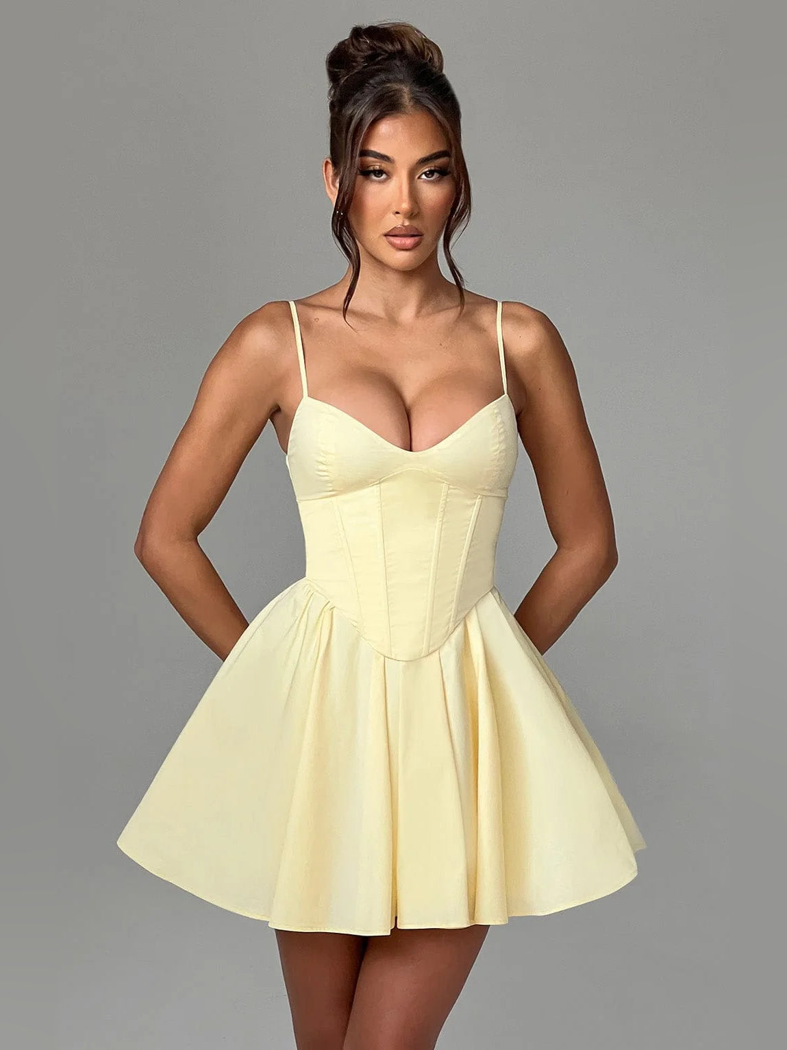 Lemon mini homecoming dress, alternate view showing the skirt and hem