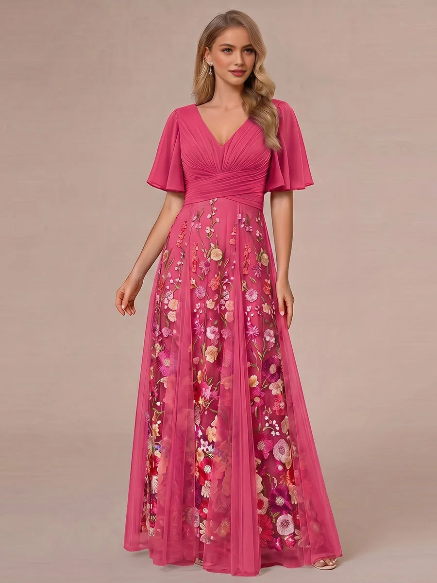 Fuchsia floor-length mother of the bride dress, alternate view showing the skirt and hem