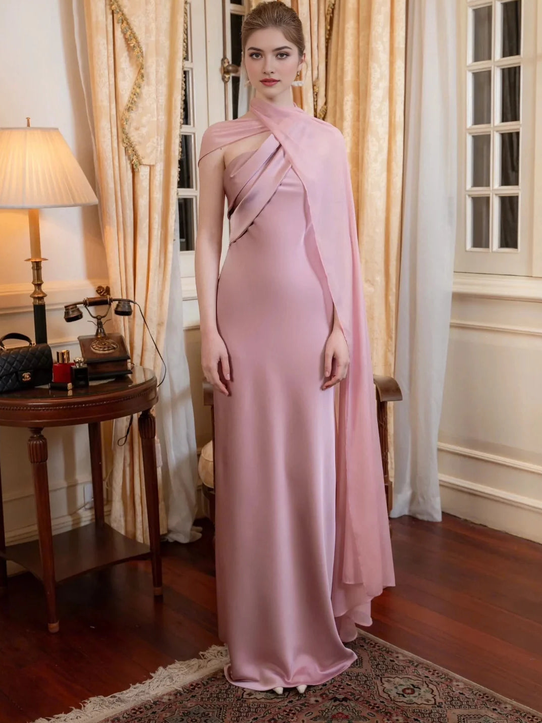 Dusty Rose floor-length wedding dress, alternate view showing the skirt and hem