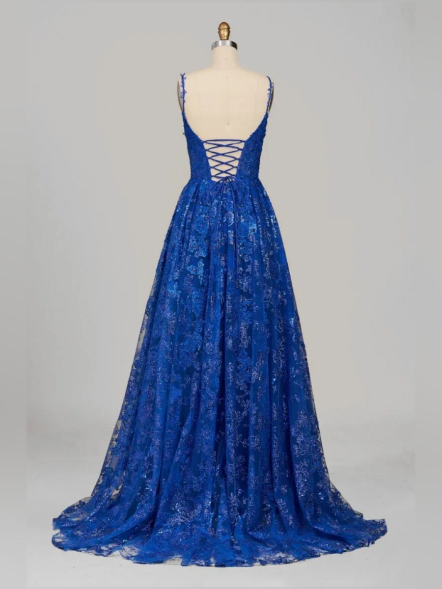 Royal Blue floor-length prom dress, alternate view showing the skirt and hem