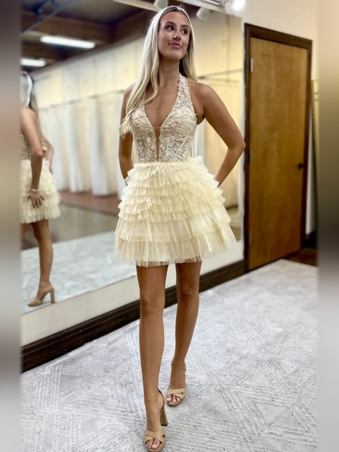 Pale Lemon mini homecoming dress, alternate view showing the skirt and hem