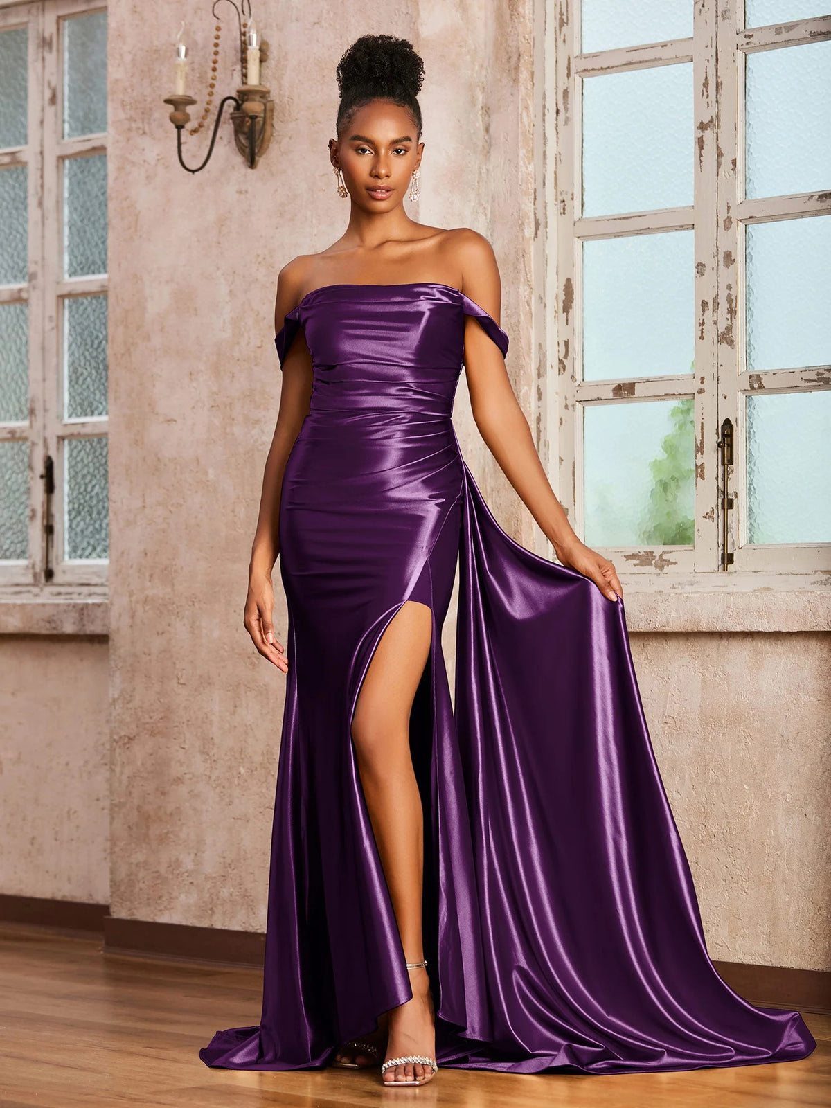 Grape mermaid floor-length formal dress with ruching, alternate view
