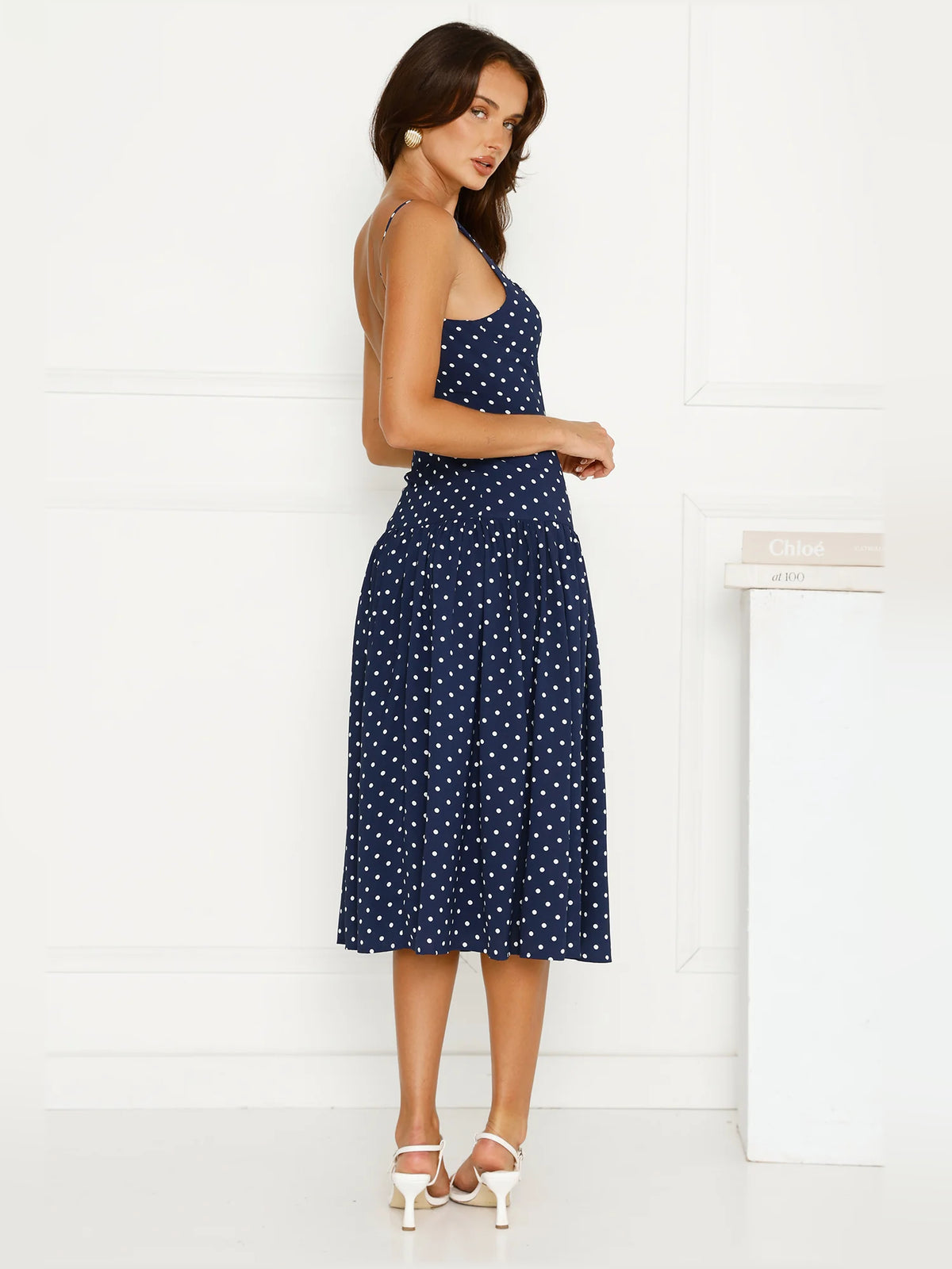 Navy midi formal dress with printed pattern, alternate view showing the skirt