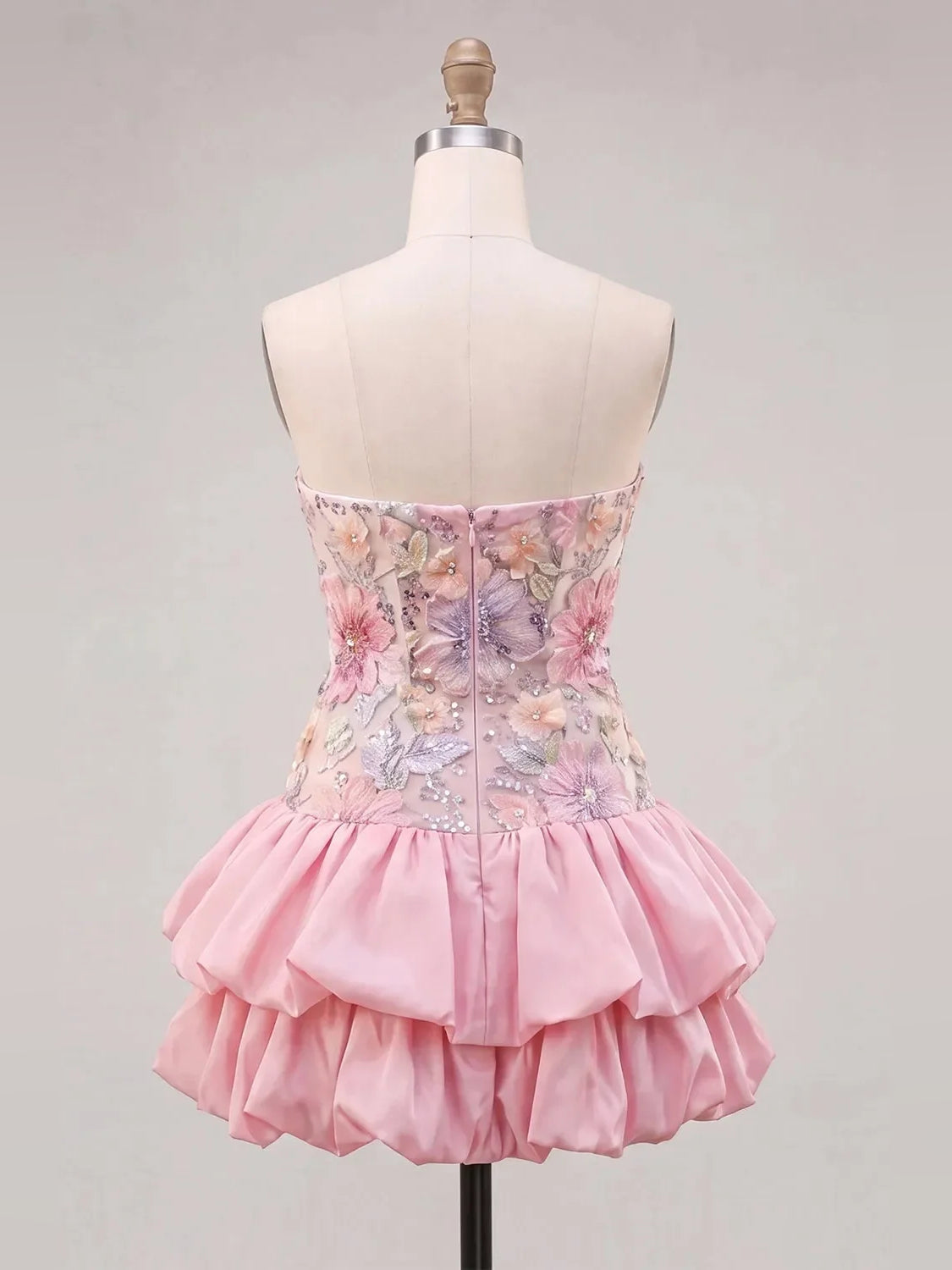 Pink mini homecoming dress, alternate view showing the skirt and hem