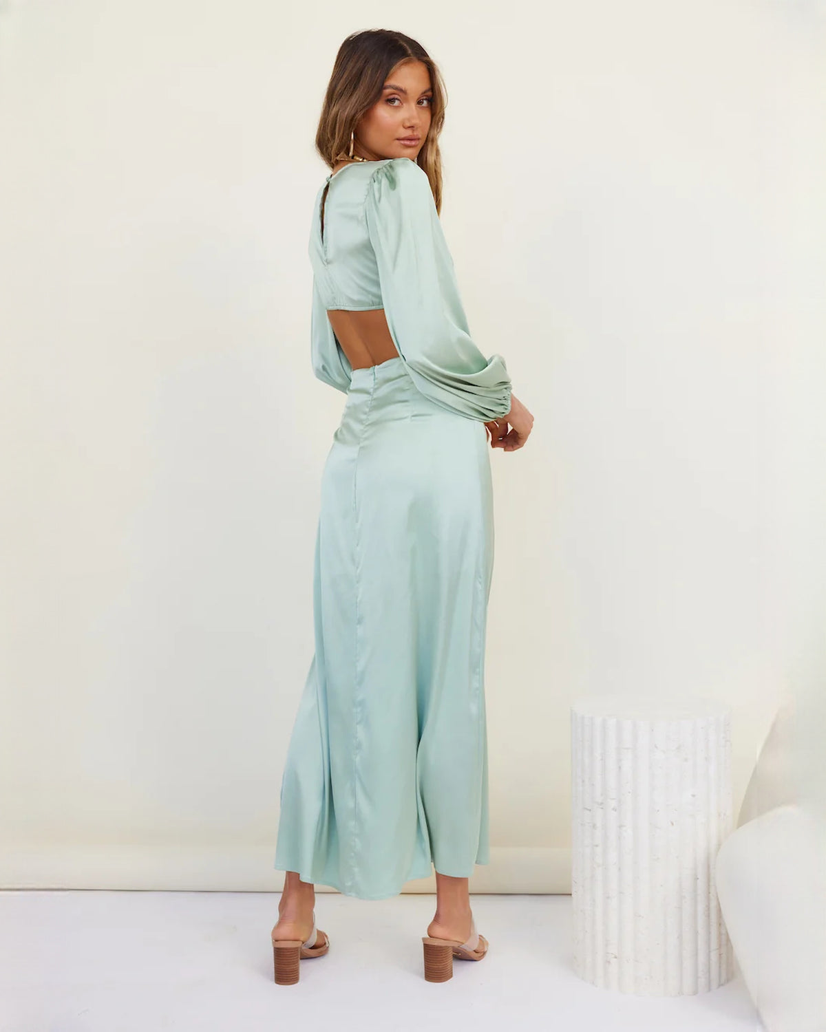 sleeveless satin a-line maxi bridesmaid dress - image 5