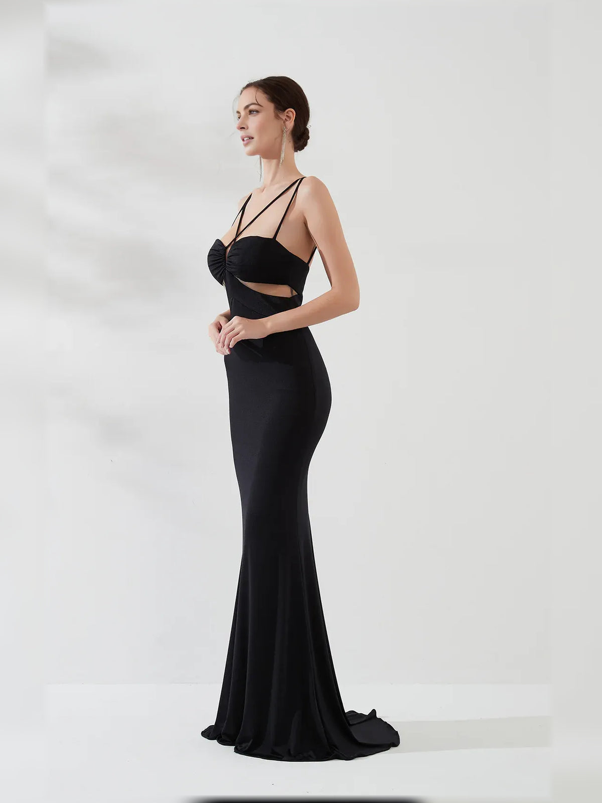 Black mermaid floor-length formal dress with cutout detail, alternate view showing the skirt