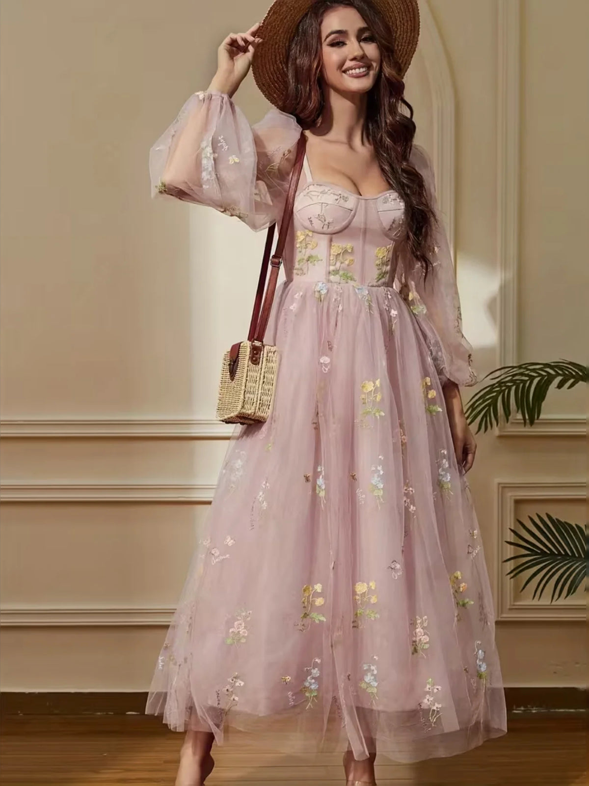Coral midi prom dress, alternate view showing the skirt and hem