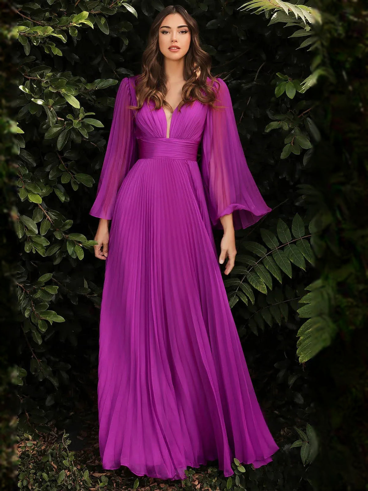 Purple a-line floor-length formal dress with ruching, alternate view