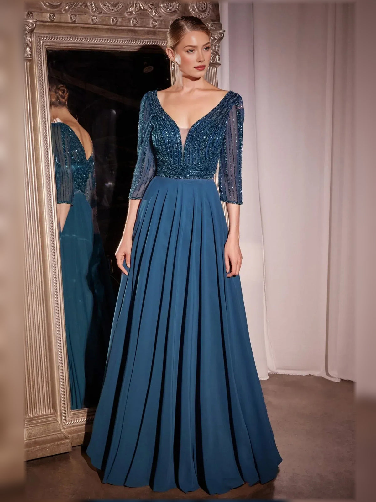 Ink Blue a-line floor-length formal dress with beading, alternate view