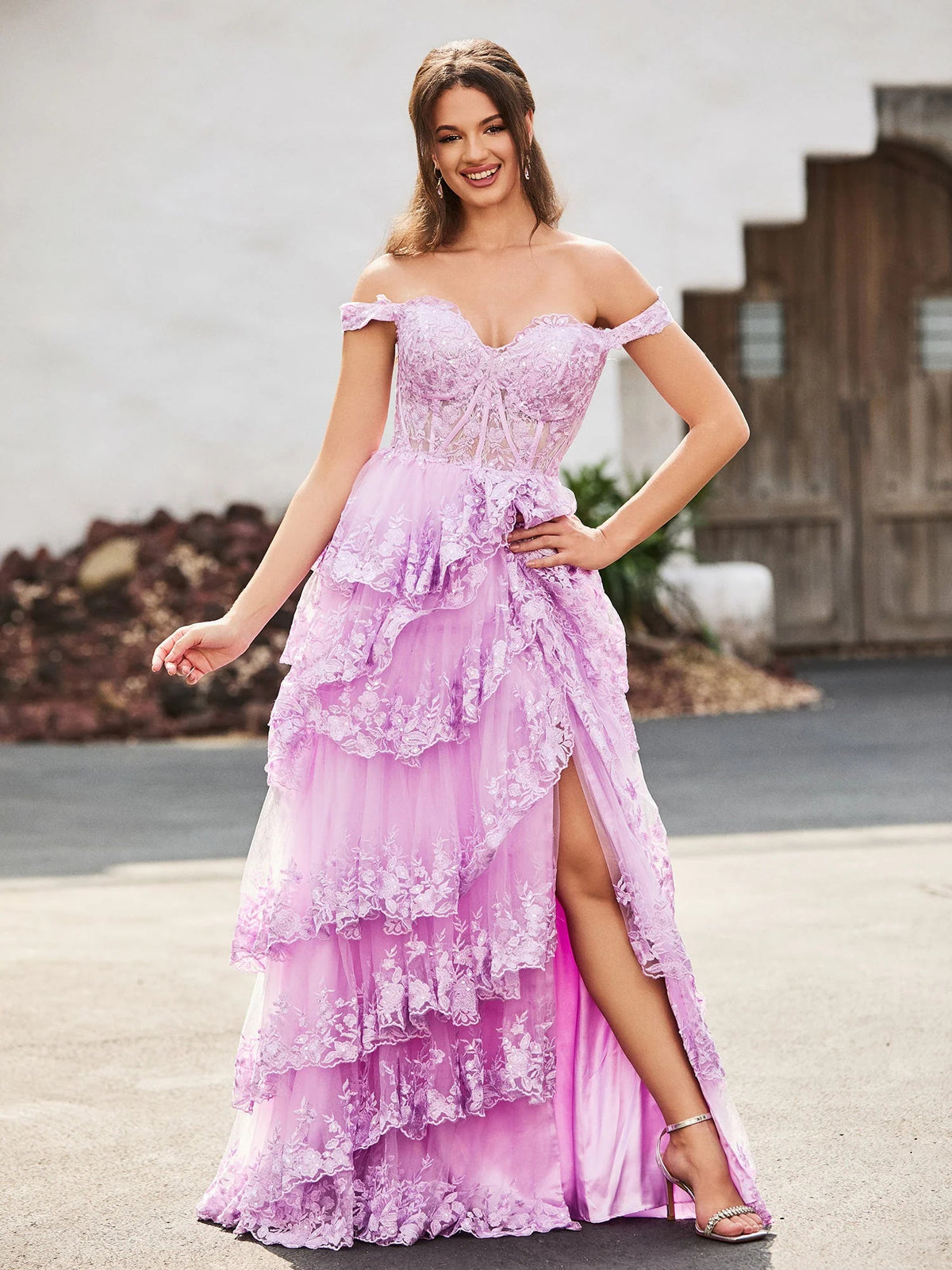 Lilac floor-length prom dress, alternate view showing the skirt and hem