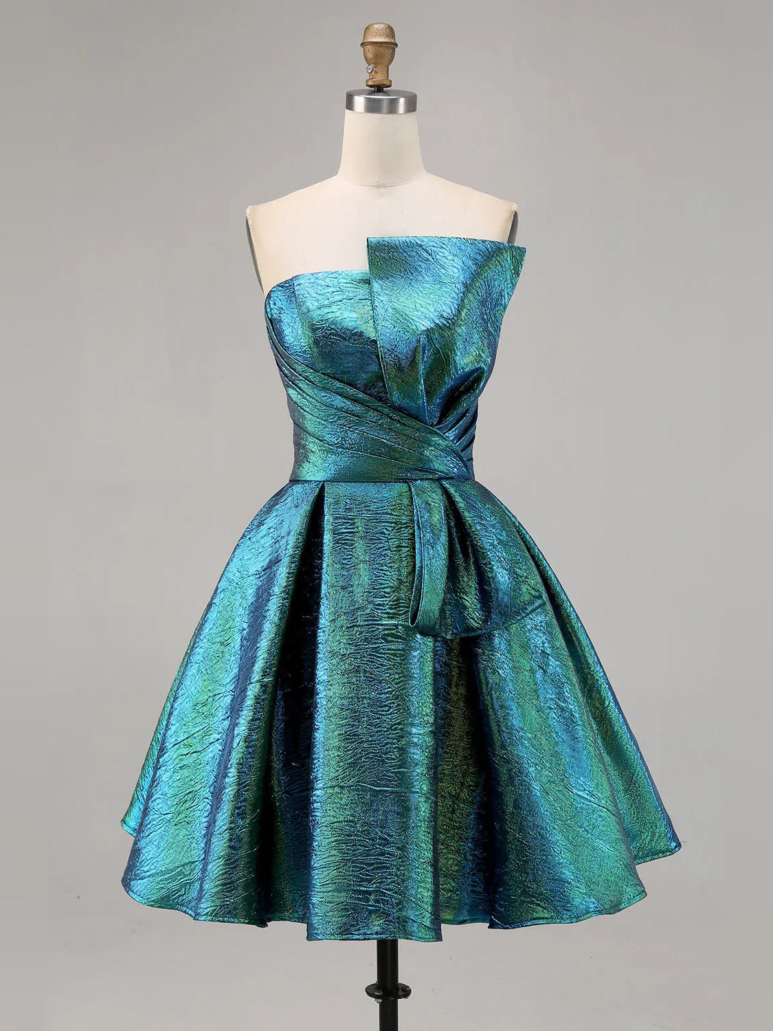Peacock mini homecoming dress, alternate view showing the skirt and hem