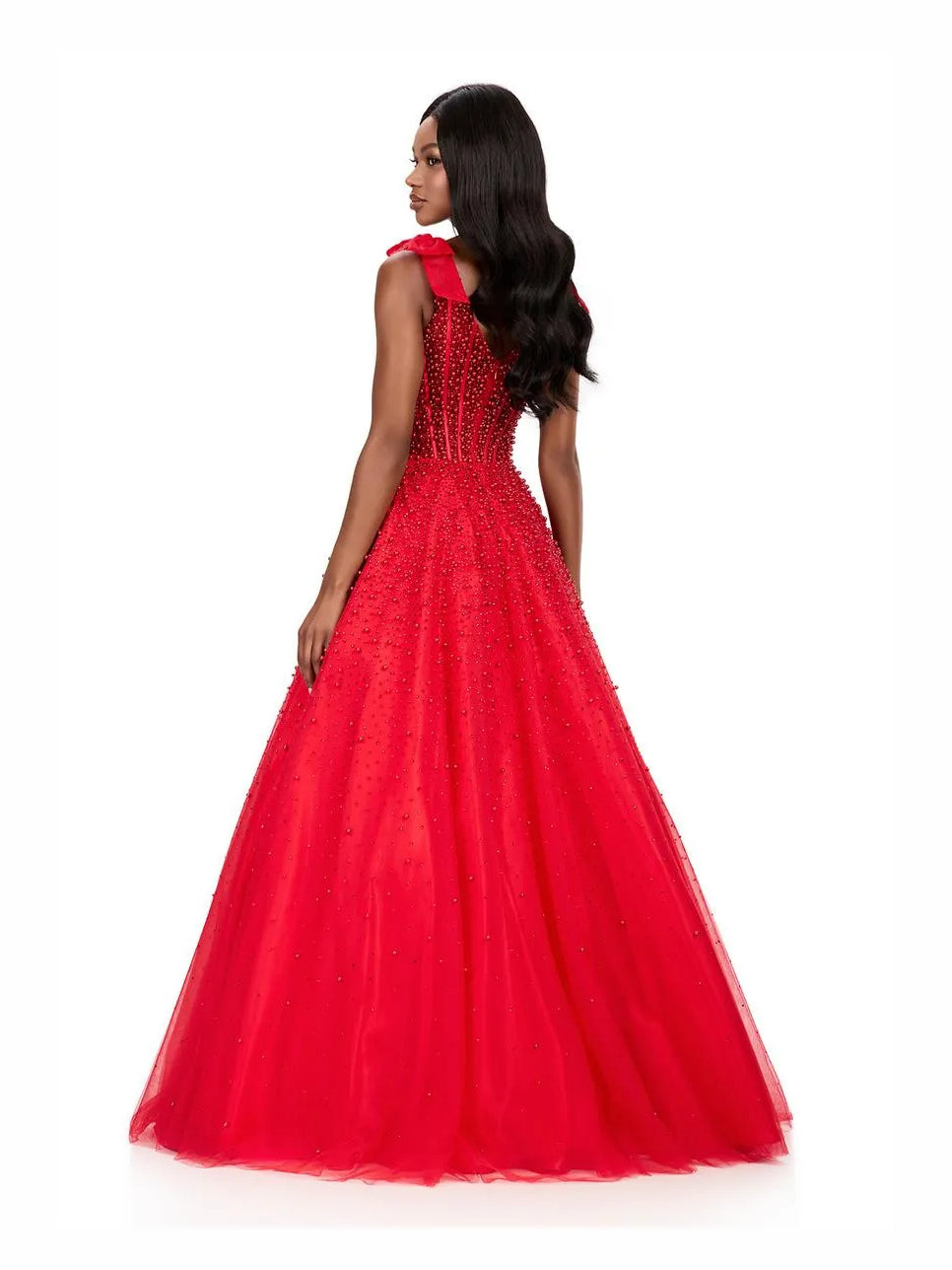 Pink floor-length prom dress, alternate view showing the skirt and hem