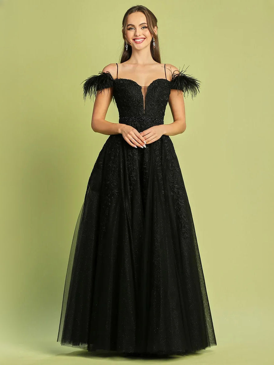 Black floor-length prom dress, alternate view showing the skirt and hem