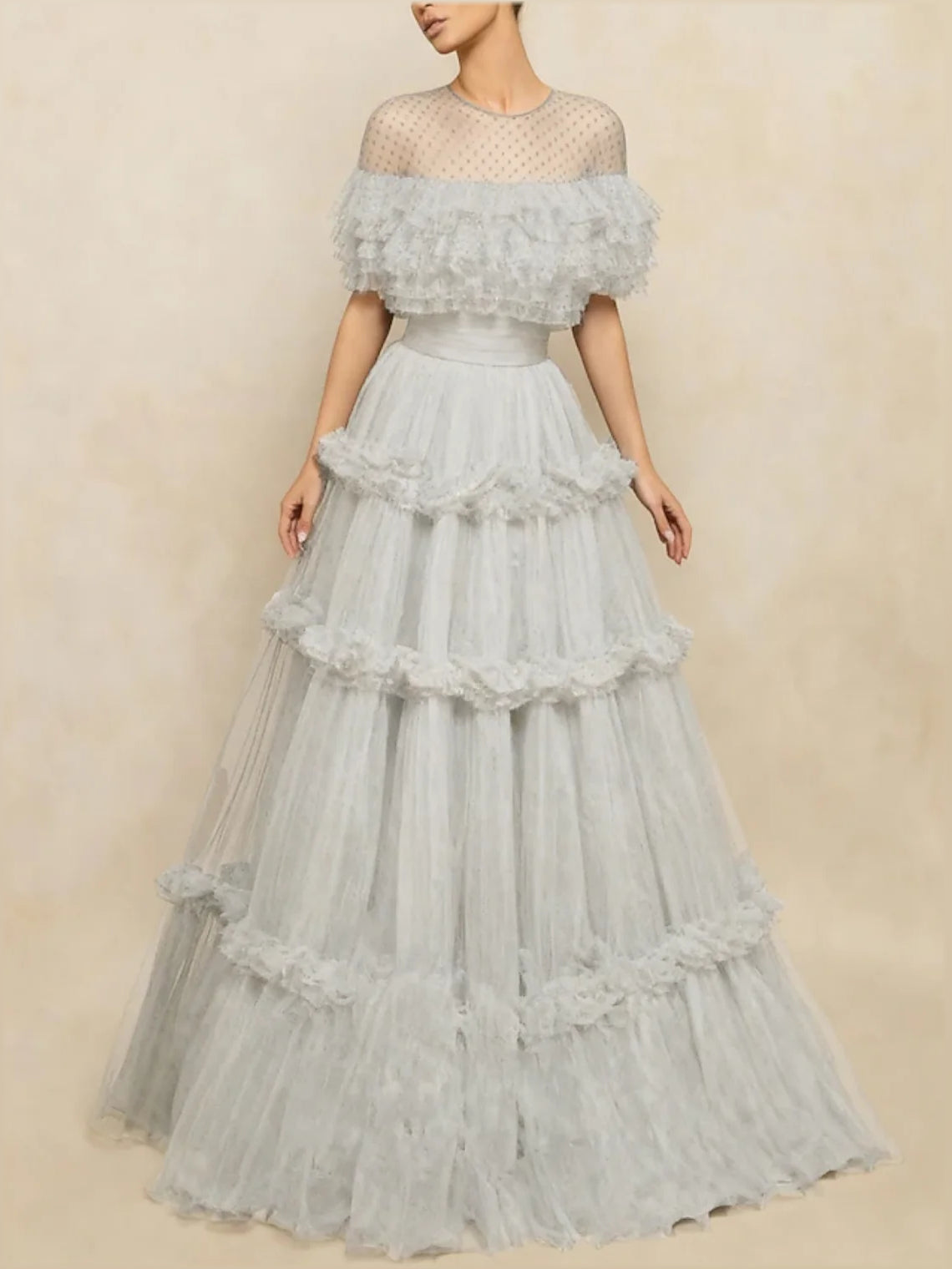 Light Gray floor-length prom dress, alternate view showing the skirt and hem