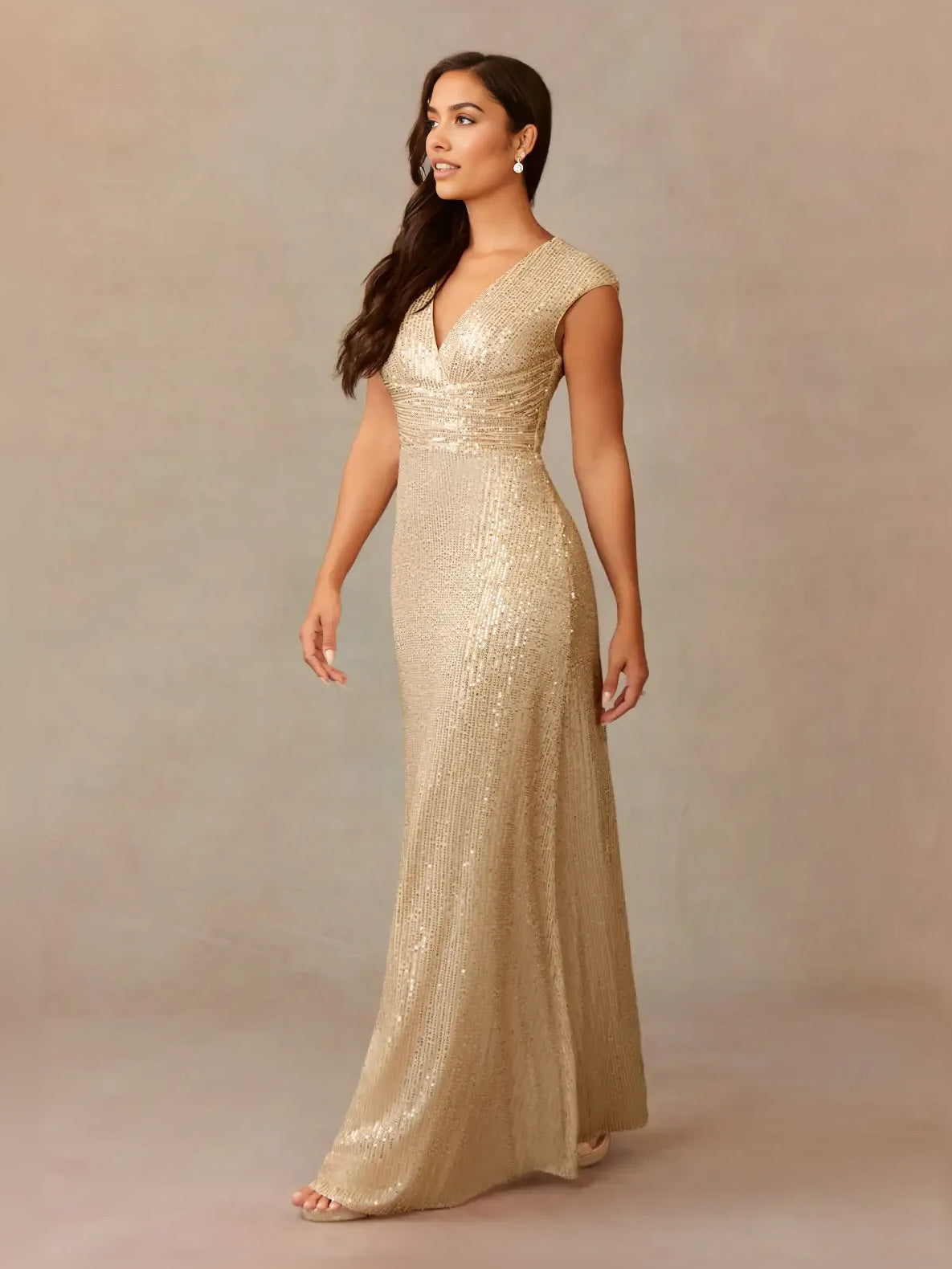 Champagne column floor-length formal dress with ruching, alternate view showing the skirt