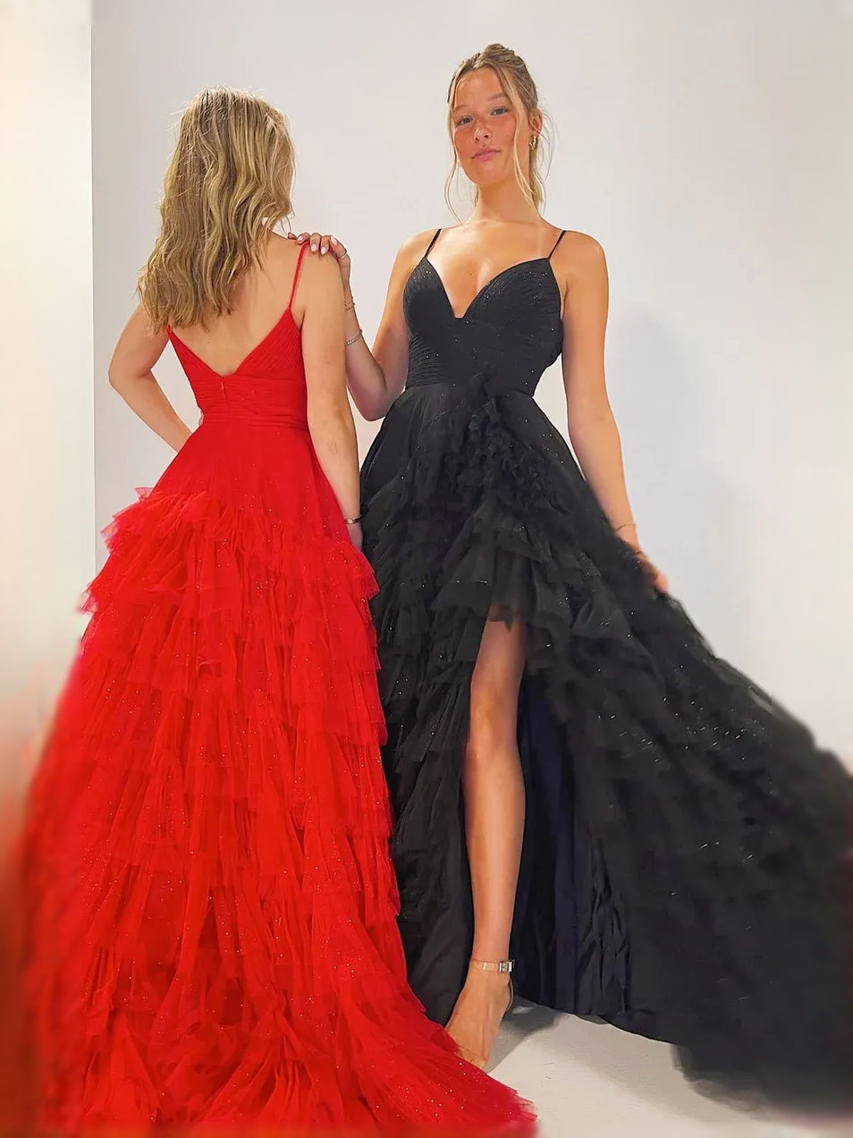 Black maxi prom dress, alternate view showing the skirt and hem
