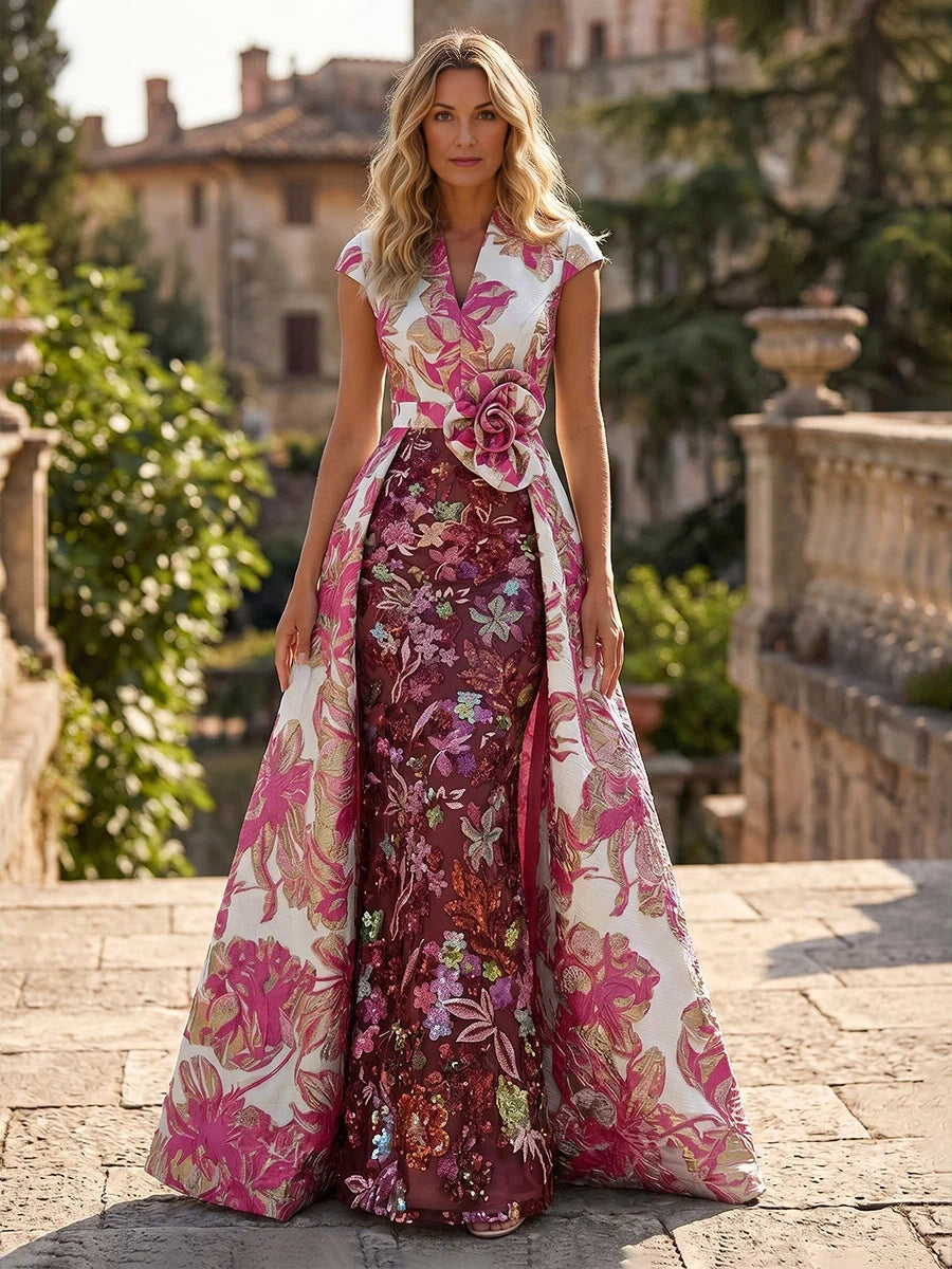 Red floor-length mother of the bride dress, alternate view showing the skirt and hem