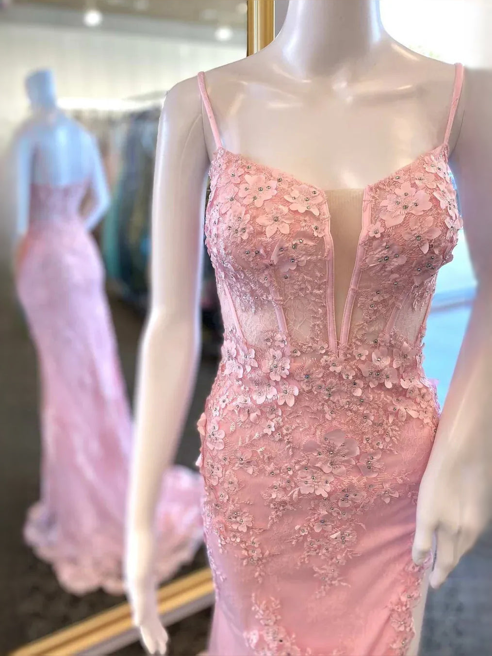 Blush Pink maxi prom dress, alternate view showing the skirt and hem