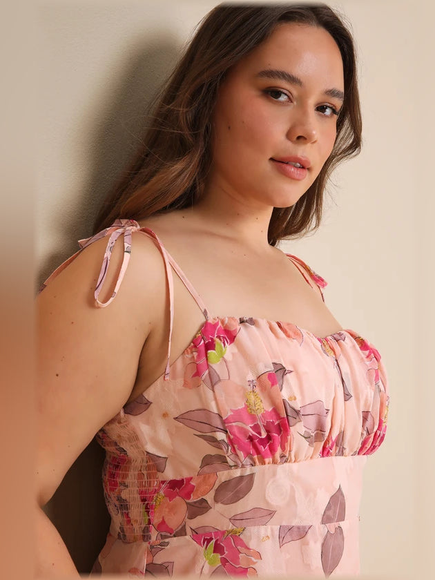 Pink Floral midi formal dress with floral print, alternate view showing the skirt