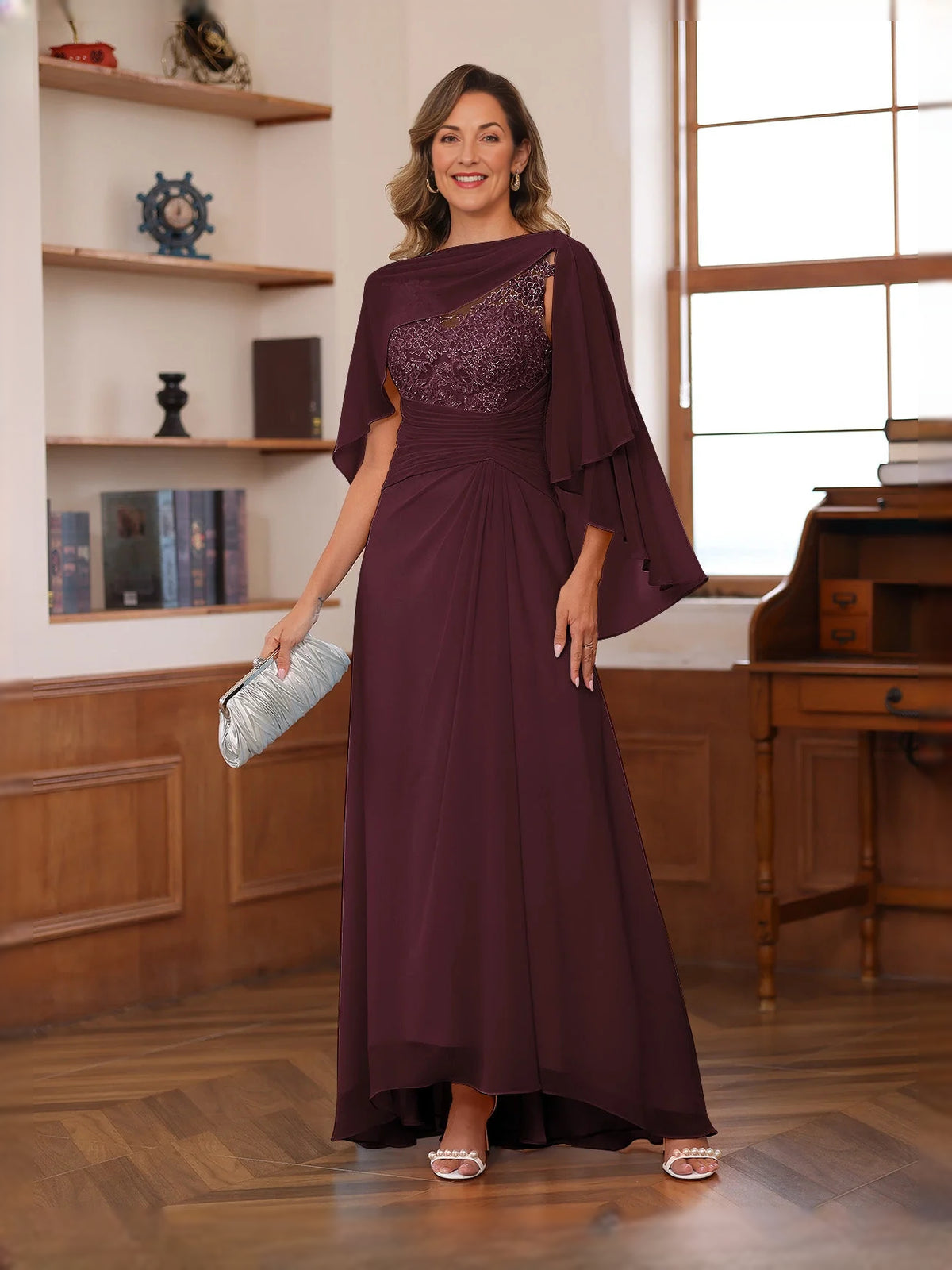 Deep Purple floor-length mother of the bride dress, alternate view showing the skirt and hem