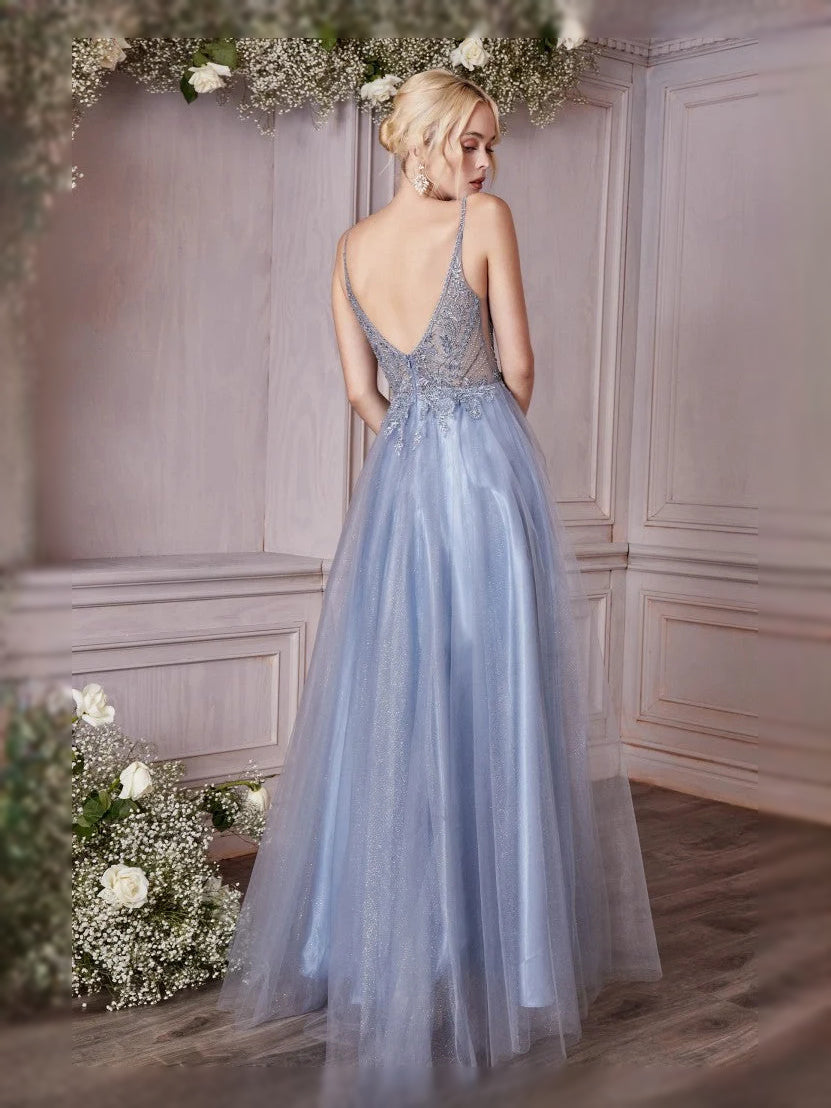 Dusty Blue floor-length prom dress, alternate view showing the skirt and hem