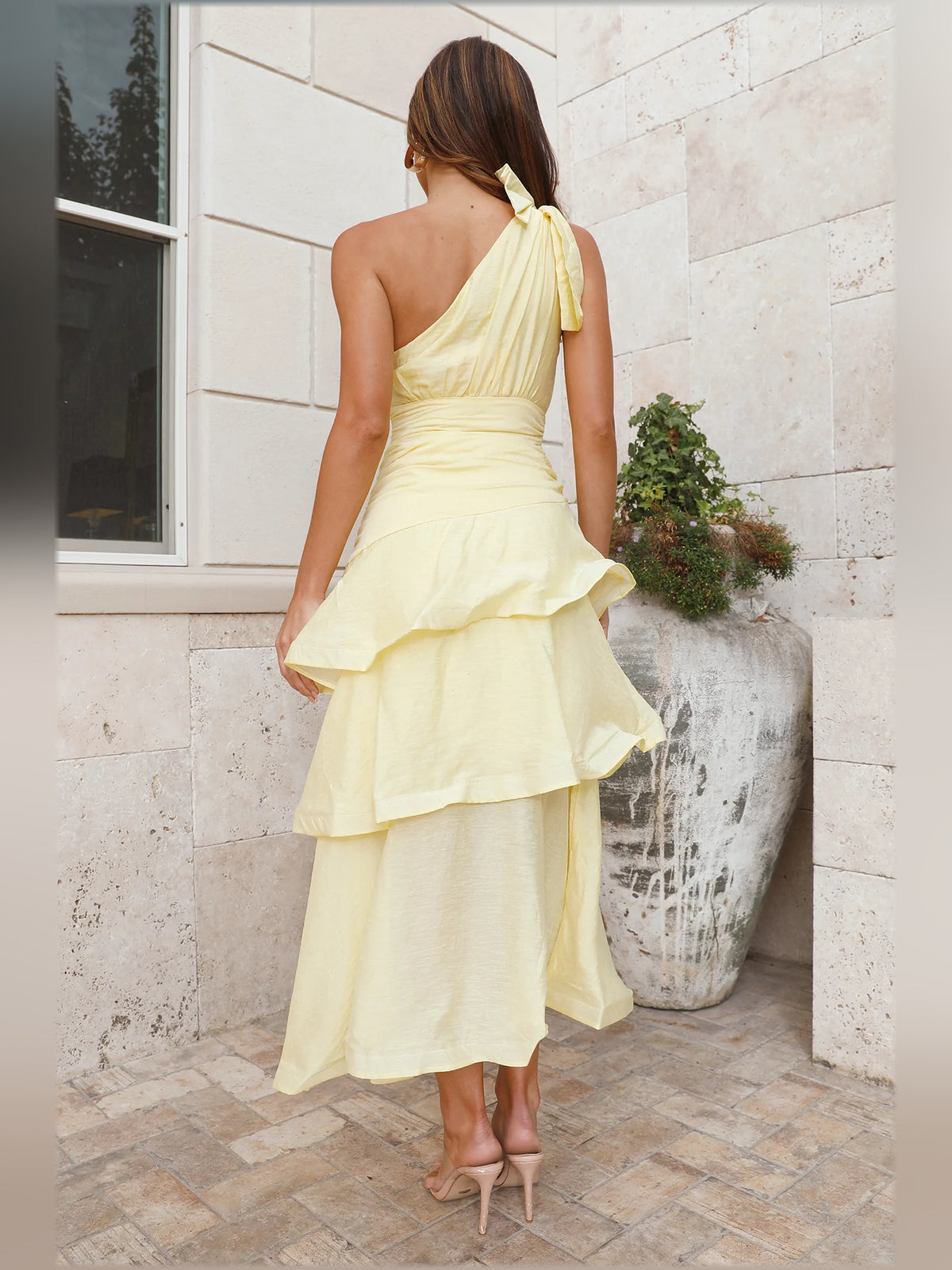 Yellow midi formal dress with one-shoulder neckline, alternate view showing the skirt