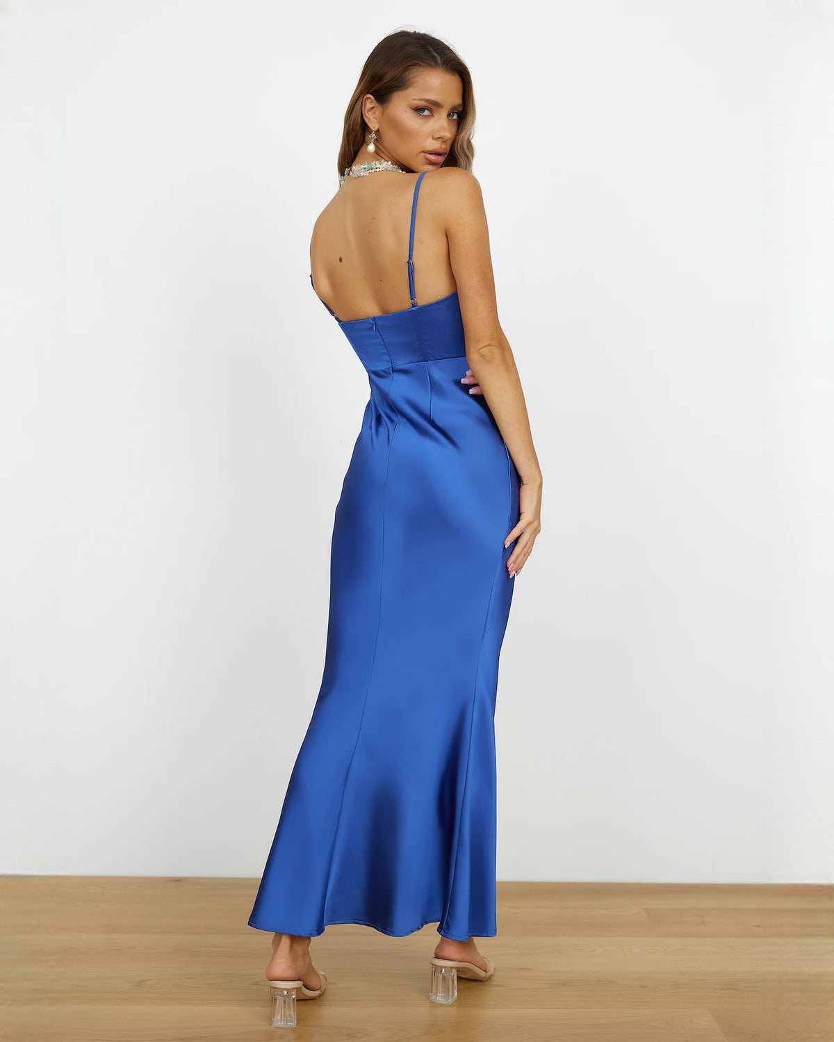 sleeveless satin a-line maxi bridesmaid dress - image 5