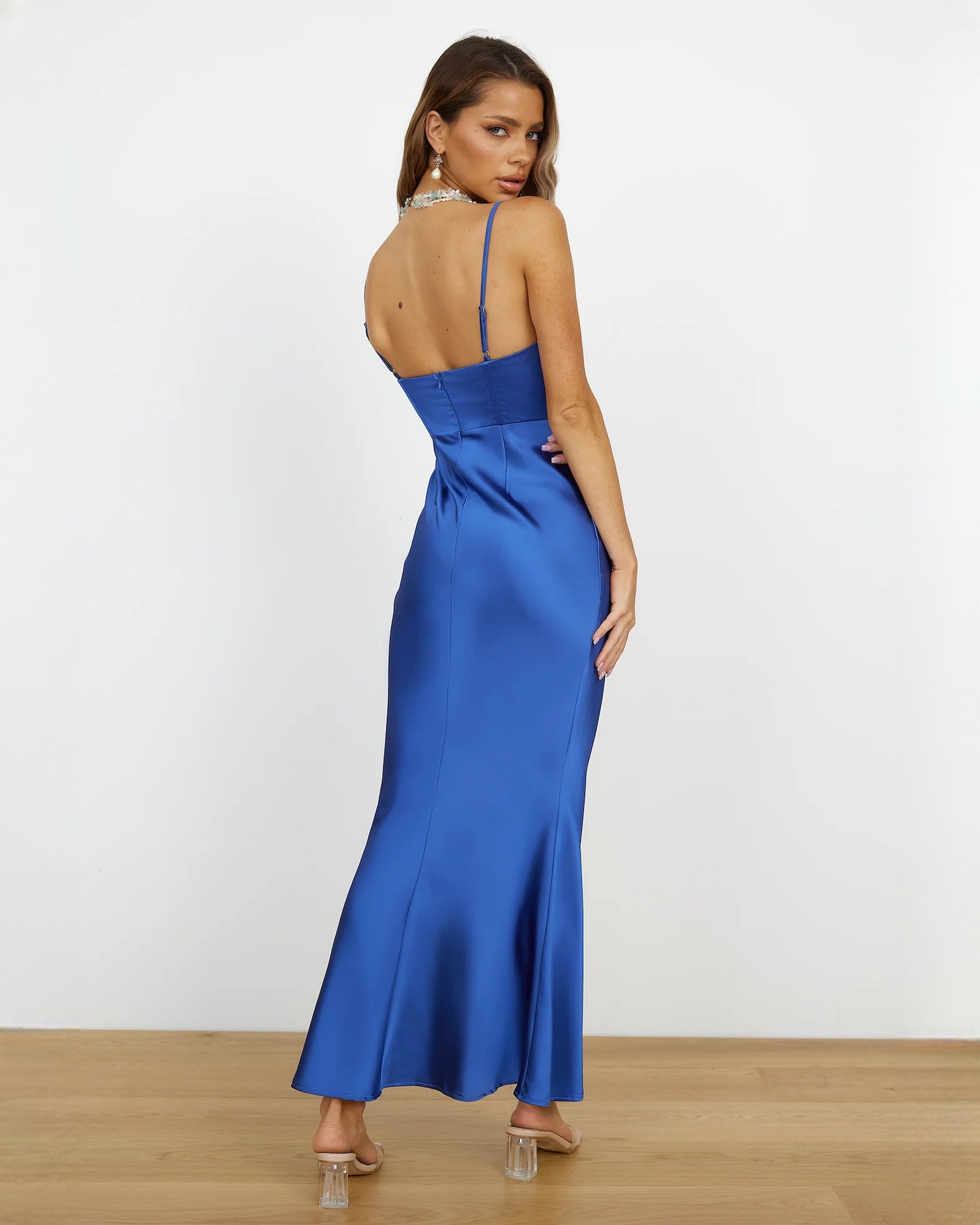 sleeveless satin a-line maxi bridesmaid dress - image 5