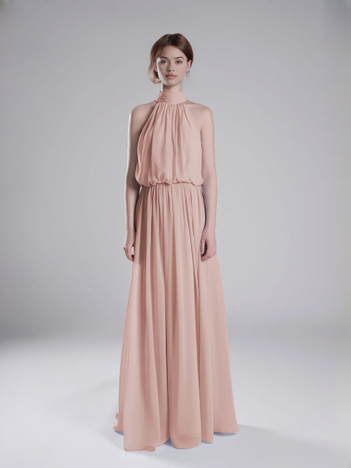 Apricot floor-length bridesmaid dress, alternate view showing the skirt and hem
