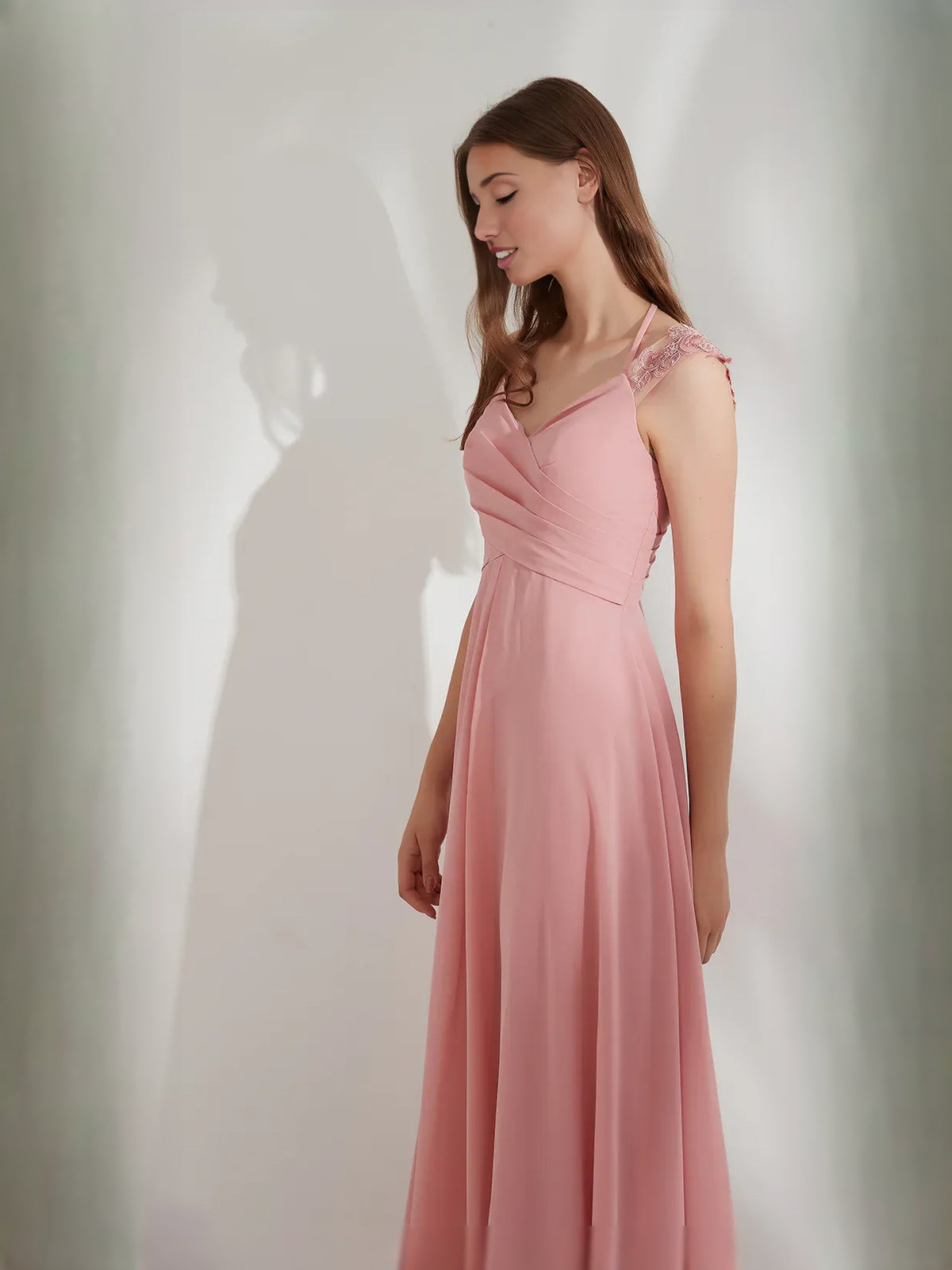 Peach a-line floor-length formal dress with ruching, alternate view showing the skirt