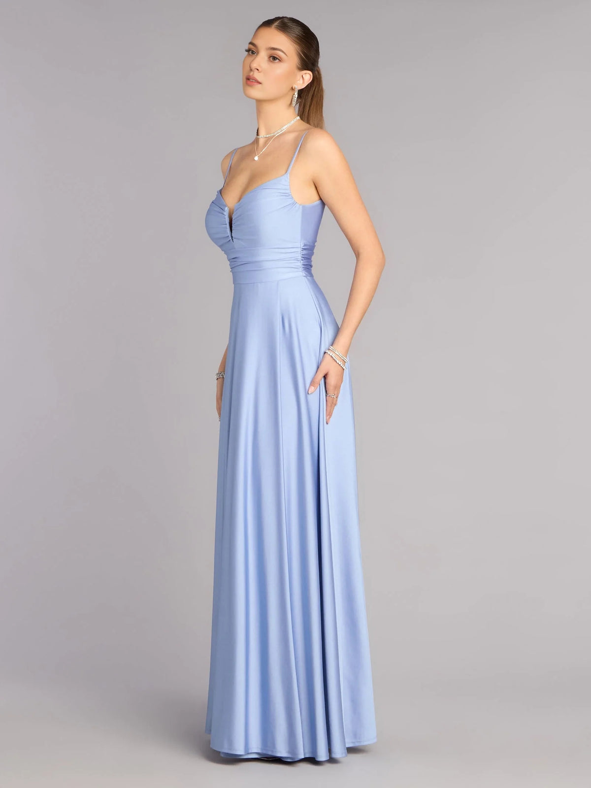 Burgundy maxi prom dress, alternate view showing the skirt and hem