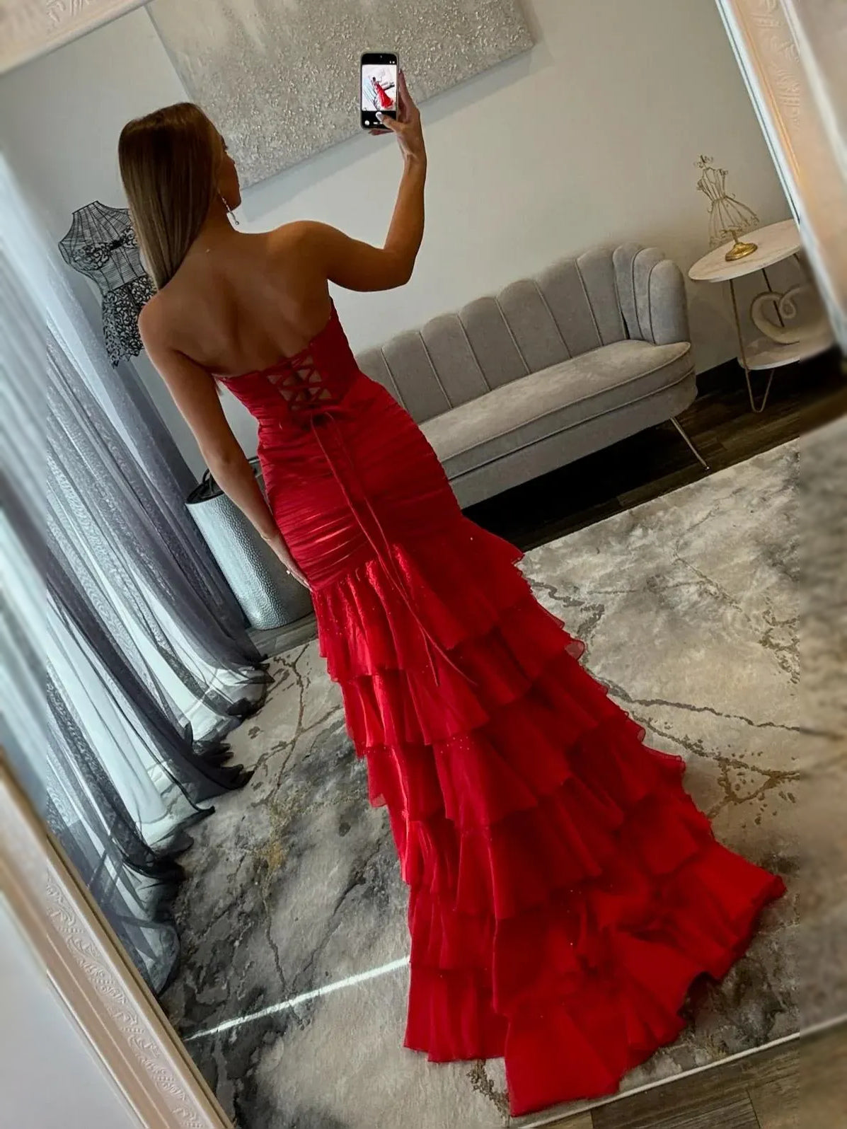 Light Blue floor-length prom dress, alternate view showing the skirt and hem