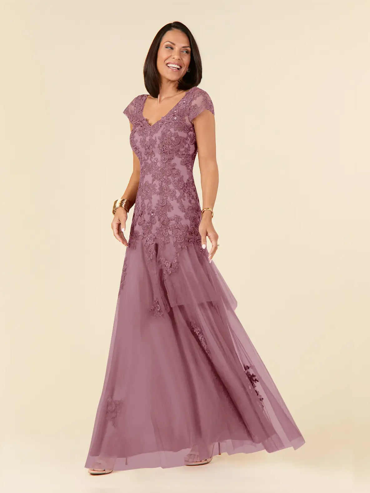 Vintage Mauve floor-length mother of the bride dress, alternate view showing the skirt and hem