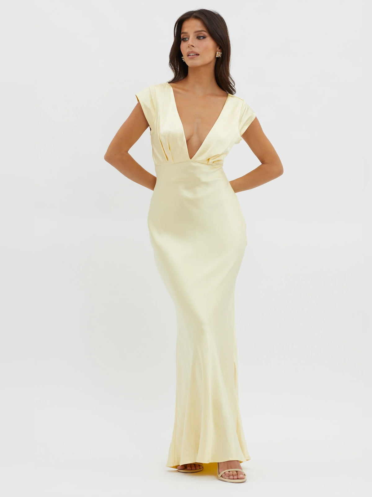 Yellow midi formal dress with V-neckline, alternate view showing the skirt