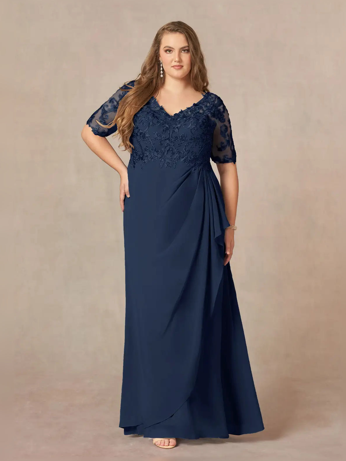 Dark Navy maxi mother of the bride dress, alternate view showing the skirt and hem
