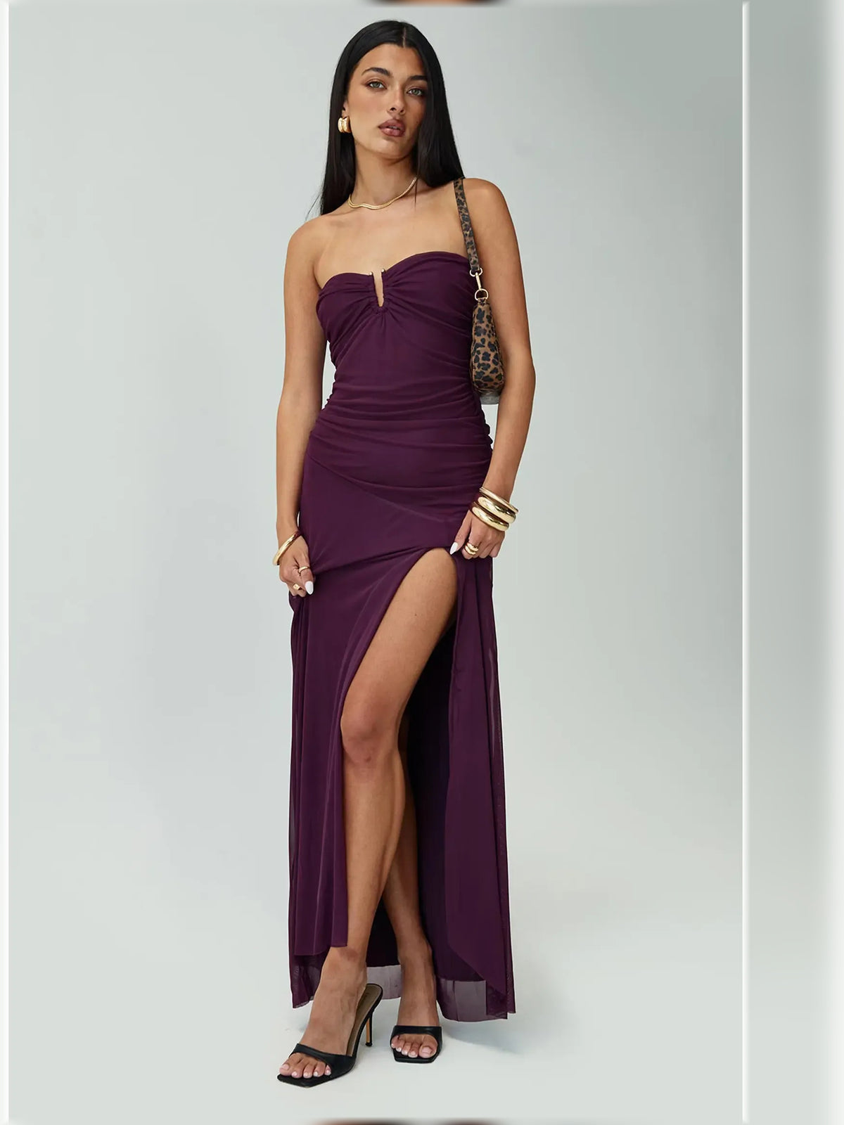 Purple bodycon floor-length formal dress with skirt slit, alternate view showing the skirt