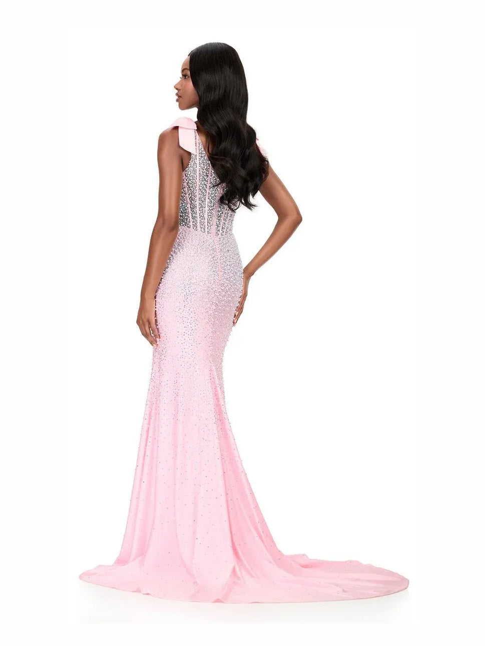 White floor-length prom dress, alternate view showing the skirt and hem