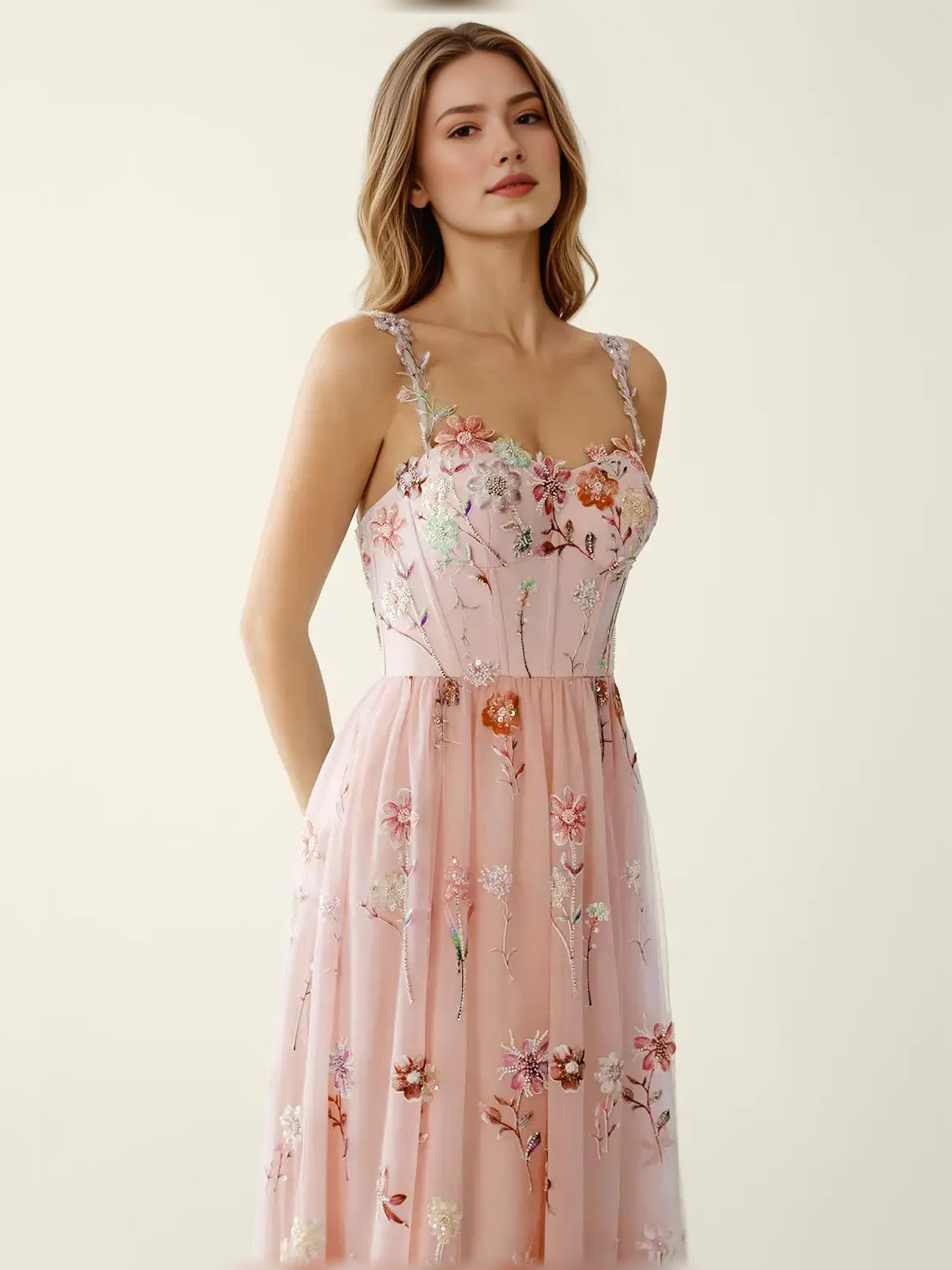Blush Pink fit-and-flare floor-length formal dress with floral print, alternate view
