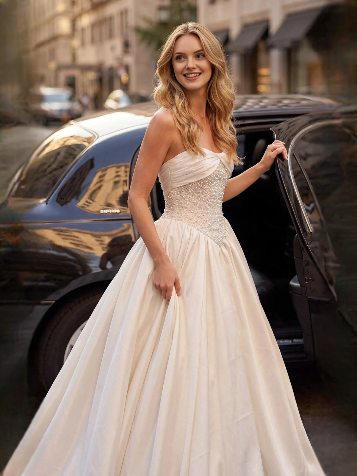 Ivory floor-length wedding dress, alternate view showing the skirt and hem