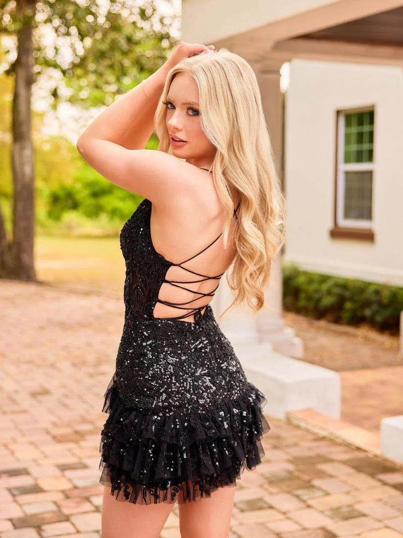 Champagne mini homecoming dress, alternate view showing the skirt and hem