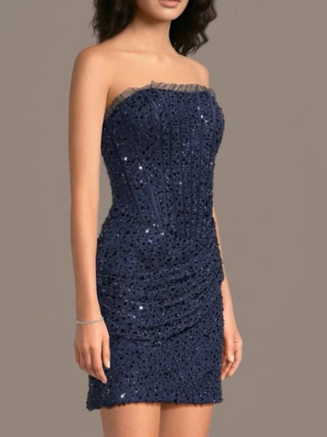 Navy Blue mini homecoming dress, alternate view showing the skirt and hem