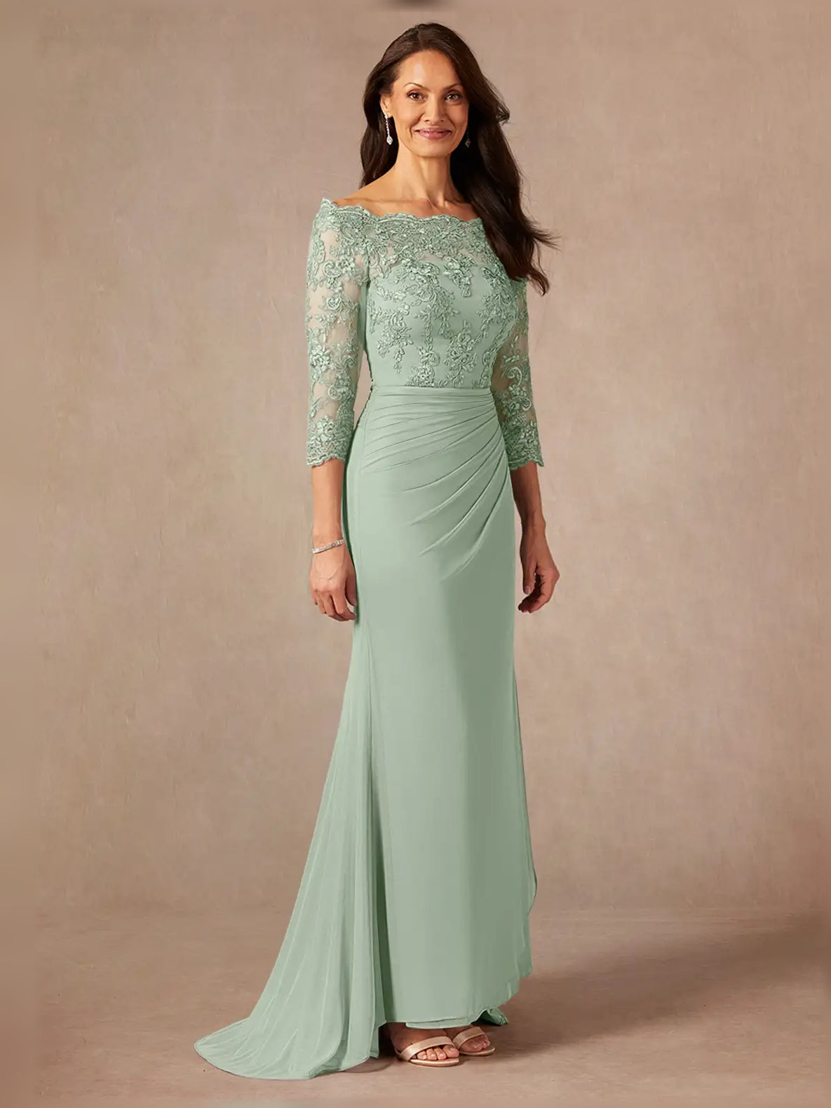Dusty Sage maxi mother of the bride dress, alternate view showing the skirt and hem