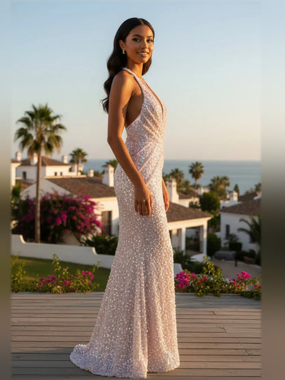 Blush Pink a-line floor-length formal dress with floral print, alternate view